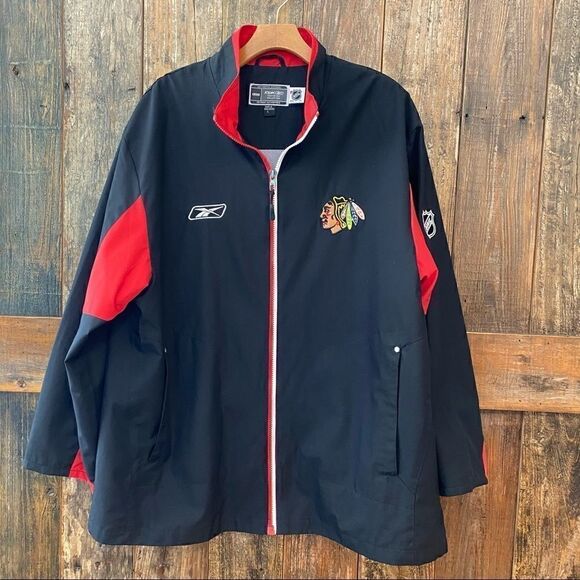 RBK Sz L Black Red Chicago Indian Logo Blackhawks Hockey Windbreaker Jacket - Picture 2 of 12